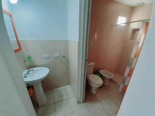 een badkamer met een wastafel, een toilet en een douche bij CASA HOST Las Grutas in Las Grutas