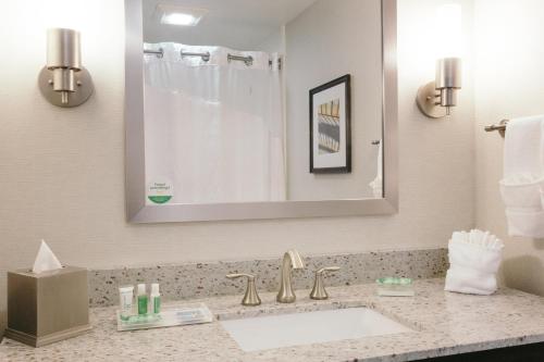 a bathroom with a sink and a mirror at Holiday Inn and Suites East Peoria by IHG in Peoria