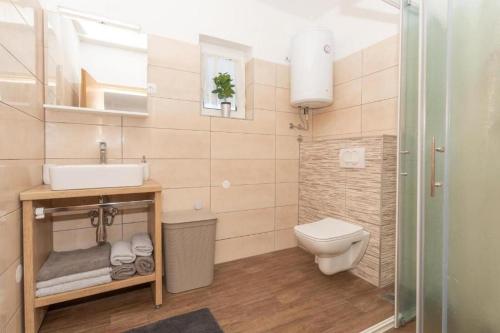 La salle de bains est pourvue de toilettes, d'un lavabo et d'une douche. dans l'établissement House MG, à Skradin