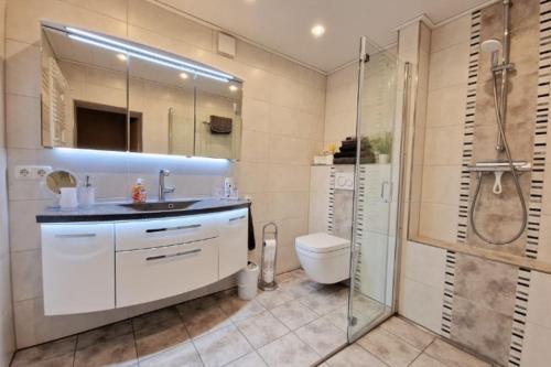 ein Bad mit einem Waschbecken, einer Dusche und einem WC in der Unterkunft "Ohuus" Ferienhaus mit Garten in Büsum