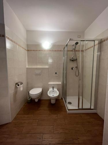 a bathroom with a shower and a toilet and a sink at La Maison di Gabriella e Alfredo in Edolo