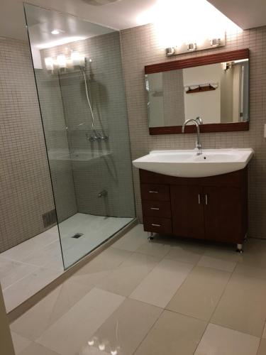 ein Bad mit einem Waschbecken und einer Dusche in der Unterkunft Lovely Downtown House +2 parking in Toronto