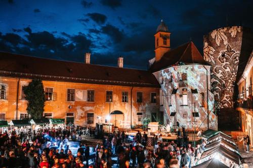 tłum ludzi stojących przed budynkiem w obiekcie StudioApartman M w mieście Valpovo