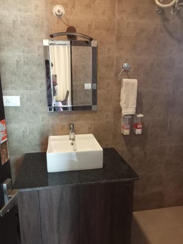 a bathroom with a white sink and a mirror at DLS MJ River Resort, Rishikesh in Shivpuri