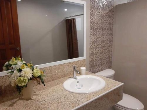 ein Badezimmer mit Waschbecken, Toilette und Spiegel in der Unterkunft Plantacion Isabelle in Taal