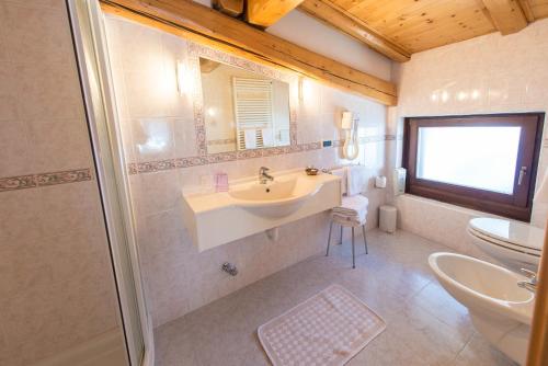 a bathroom with a sink and a toilet and a shower at Garni Norma in Madonna di Campiglio
