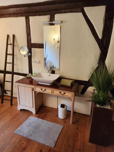 a bathroom with a sink and a mirror at Hotel & Restaurant Sonnenhöfle in Sommerhausen