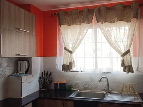 a kitchen with a sink and a window at BELLS TRIAD - FREE TRANSPORT FROM AIRPORT FOR PRE PAYMENT BOOKINGs in Nairobi