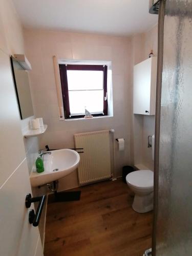 a bathroom with a sink and a toilet and a window at Dünenrose in Horumersiel