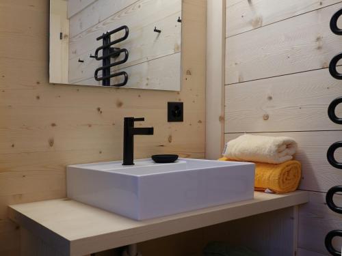 een badkamer met een witte wastafel en een spiegel bij Ferienhäuser Stiva Pintga 
