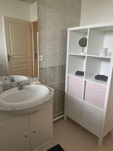 a bathroom with a sink and a white cabinet at Maison entière Chenôve avec jardin in Chenôve