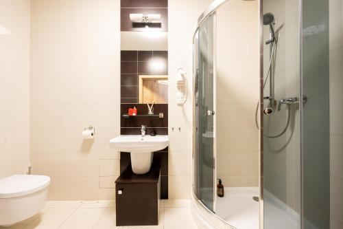 a bathroom with a sink and a shower at Apartamenty Jasiowe Turnie nr 3 i nr 10 Krupówki 3km in Kościelisko