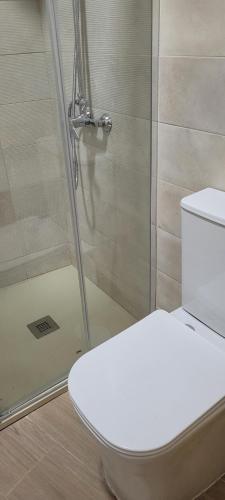 uma casa de banho com um WC e um chuveiro em APARTAMENTOS IGLESIA DE SANTIAGo II em Jerez de la Frontera
