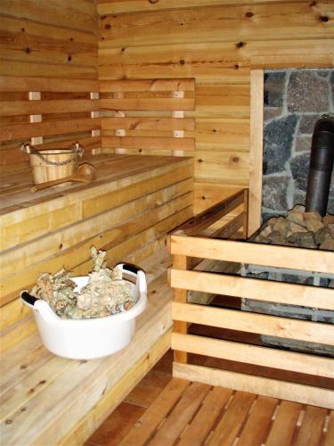 a wooden sauna with a tub and a fireplace at Sodyba Duburiai in Ukmergė