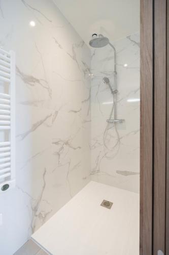 La salle de bains est pourvue d'une douche et de murs en marbre blanc. dans l'établissement La Maison du Parc 3 - Standing Terrasse Parking Clim, à Marseille