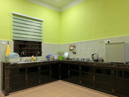 a kitchen with green walls and a sink and a window at IJW HOMESTAY in Kuala Terengganu
