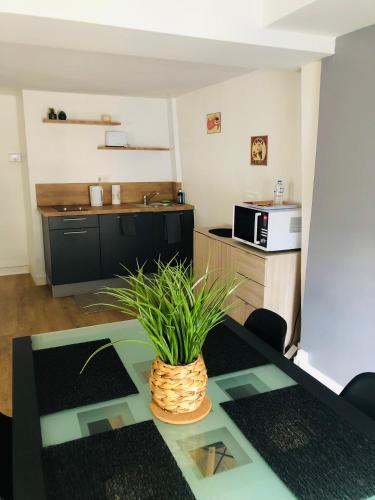 - un salon avec une table et une plante dans l'établissement Le Petit Graoully, à Metz