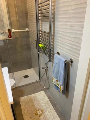y baño con ducha, toalla y lavamanos. en Casa nel Parco, en Cassano delle Murge