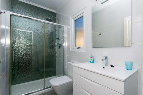 a bathroom with a shower and a toilet and a sink at CH Villa Golf Park La Marquesa in Rojales