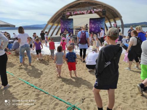 a crowd of people standing in the sand on a beach at Apartmán u Vrbů in Černá v Pošumaví