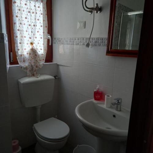 a small bathroom with a toilet and a sink at Da Linda in Guinadi