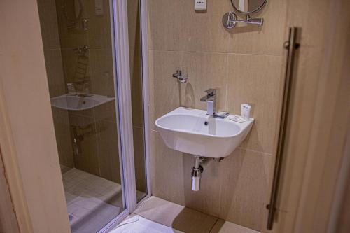 a bathroom with a sink and a shower at Thembelihle B&B in Pietermaritzburg