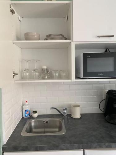 a kitchen counter with a sink and a microwave at Appart COSY F2 Disneyland/Val d'Europe in Montévrain