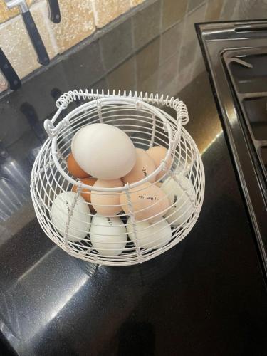 a basket filled with eggs sitting on top of an oven at SPRING GARDENS B&B in Wadebridge