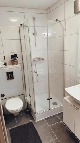 uma casa de banho com um chuveiro, um WC e um lavatório. em Wohnung in Dörverden em Dörverden