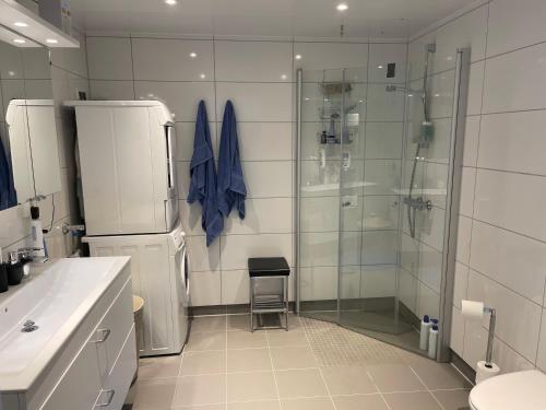 a bathroom with a shower and a sink and a refrigerator at Ocean view apartment in Tromsø