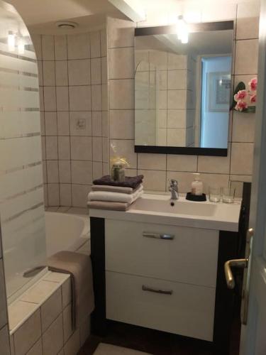 une salle de bain avec un lavabo, une baignoire et un miroir dans l'établissement CHARMING FLAT IN HISTORICAL CENTRE, à Dijon
