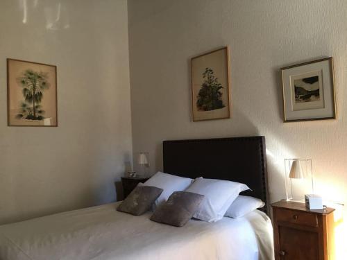 a bedroom with a white bed with three pictures on the wall at CHARMING FLAT IN HISTORICAL CENTRE in Dijon