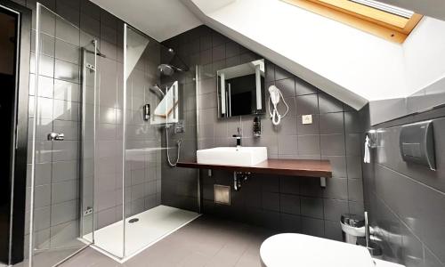 a bathroom with a sink and a shower at Hotel Žabčice in Žabčice