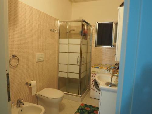 a bathroom with a shower and a toilet and a sink at Trinità d'Agultu-Isola Rossa, località La Frisaia, entire apartment, sleeps 6 in Trinità d'Agultu e Vignola