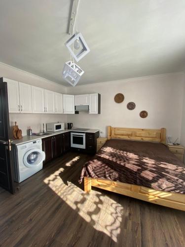 1 Schlafzimmer mit einem Bett und einer Küche in der Unterkunft Біля річки in Scheschory