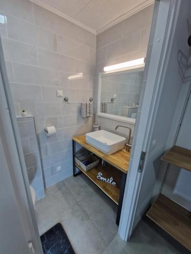 a bathroom with a sink and a mirror at B-TIM Apartment in Velika Gorica