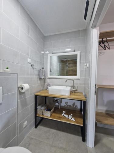 a bathroom with a sink and a mirror at B-TIM Apartment in Velika Gorica