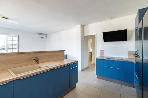 une cuisine avec des armoires bleues et un évier dans l'établissement Superbe appartement 2 chambres en haut de Villa, à Saint-Mandrier-sur-Mer