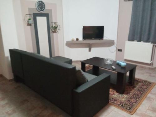 a living room with a black couch and a table at apartment to nature B in Ámmos