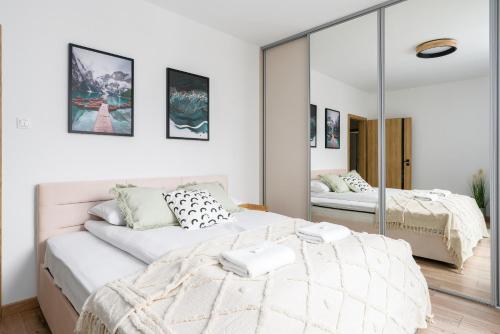 1 dormitorio con 1 cama grande y espejo en Arena Lux Apartment Kasprowicz Park by Renters Prestige en Poznan