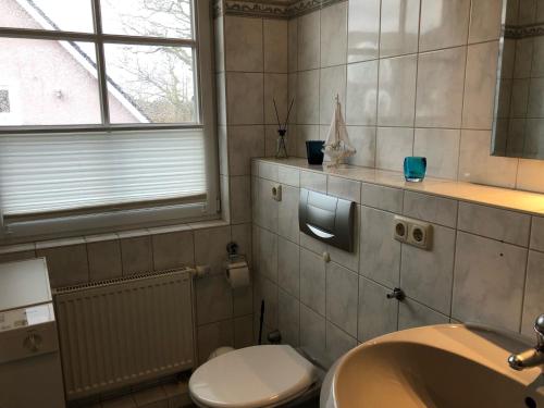 uma casa de banho com um WC e um lavatório em Glebbe 66 _ Hus Suennschien em Zingst