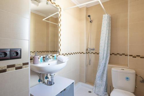 een badkamer met een wastafel, een toilet en een douche bij Urbe10 Pedregalejo Loft 3 in Málaga