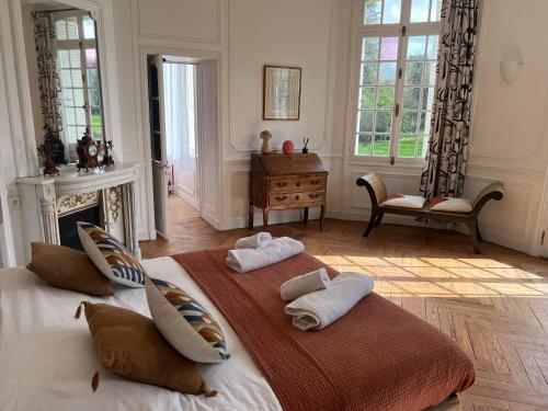 a bedroom with two pillows on a bed at Le château de Bertreville Saint Ouen in Bertreville-Saint-Ouen