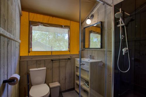 une salle de bain avec toilettes, lavabo et douche dans l'établissement Camping le Clou, à Coux-et-Bigaroque