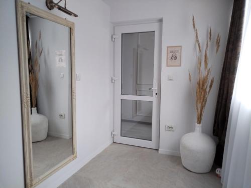a mirror in a room with a vase and a mirror at Villa Monica in Lupeni