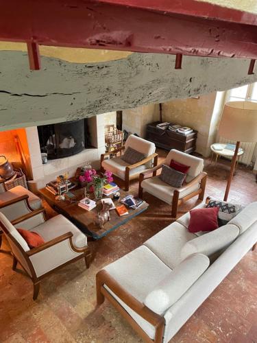 a living room with couches and a table and a fireplace at Domaine de La Vove in Corbon