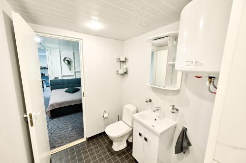 biała łazienka z toaletą i umywalką w obiekcie Lehola Apartment - kontaktivaba sissepääs w mieście Suure-Jaani