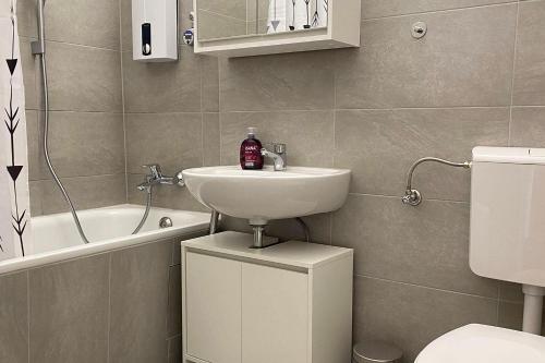 a bathroom with a sink and a toilet at 2-room apartment with balcony in Meckenheim