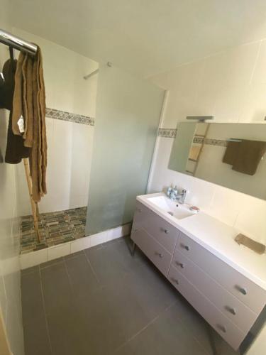 a white bathroom with a sink and a mirror at Le Bois Saint Martin in Filaos