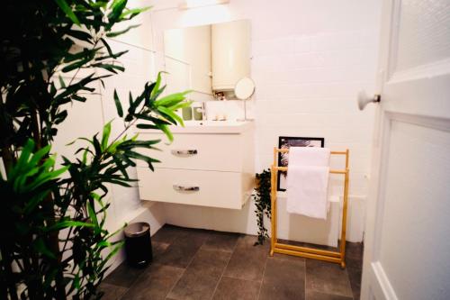 La petite salle de bains est pourvue d'un lavabo et d'un miroir. dans l'établissement City center Caen, à Caen